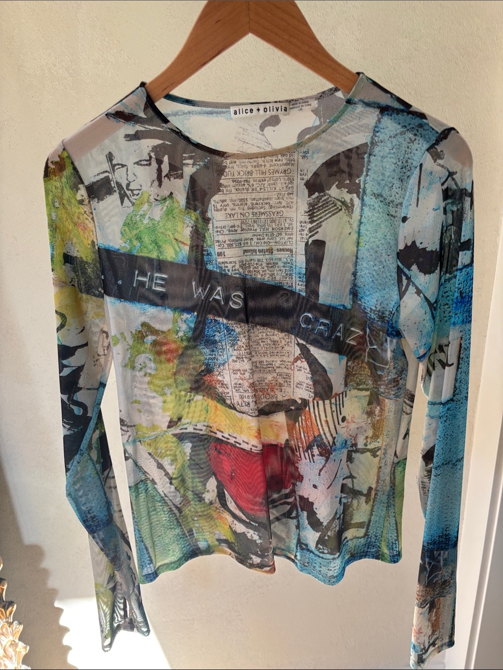 Alice + Olivia Sheer Graphic Long Sleeve Top - Blue, Green, Red